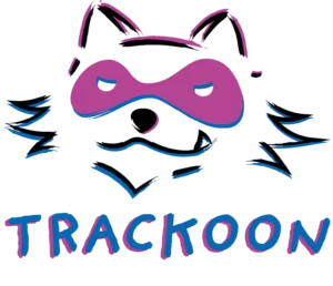 Logo TRACKOON version couleurs complète sur le portfolio Digital-Lisa de Lisa Bardet, Concepteur Designer UI. Mascotte raton laveur stylisé, masque noir, trait de pinceau, magenta et bleu, style street art.