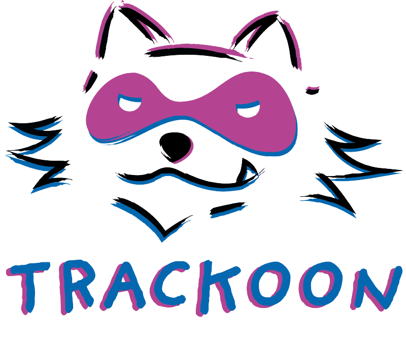 Logo TRACKOON version couleurs complète sur le portfolio Digital-Lisa de Lisa Bardet, Concepteur Designer UI. Mascotte raton laveur stylisé, masque noir, trait de pinceau, magenta et bleu, style street art.