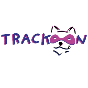Logo TRACKOON version horizontale présenté sur le portfolio Digital-Lisa de Lisa Bardet, Concepteur Designer UI. Mascotte raton laveur et nom TRACKOON en typographie Providence Sans Pro.