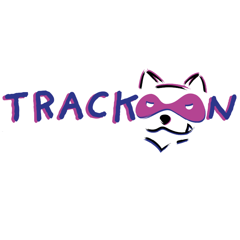 Logo TRACKOON version horizontale présenté sur le portfolio Digital-Lisa de Lisa Bardet, Concepteur Designer UI. Mascotte raton laveur et nom TRACKOON en typographie Providence Sans Pro.