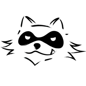 Logo TRACKOON version minimaliste en noir, tête de mascotte raton laveur sur le portfolio Digital-Lisa de Lisa Bardet, Concepteur Designer UI. Illustration en trait de pinceau, symbole iconique.