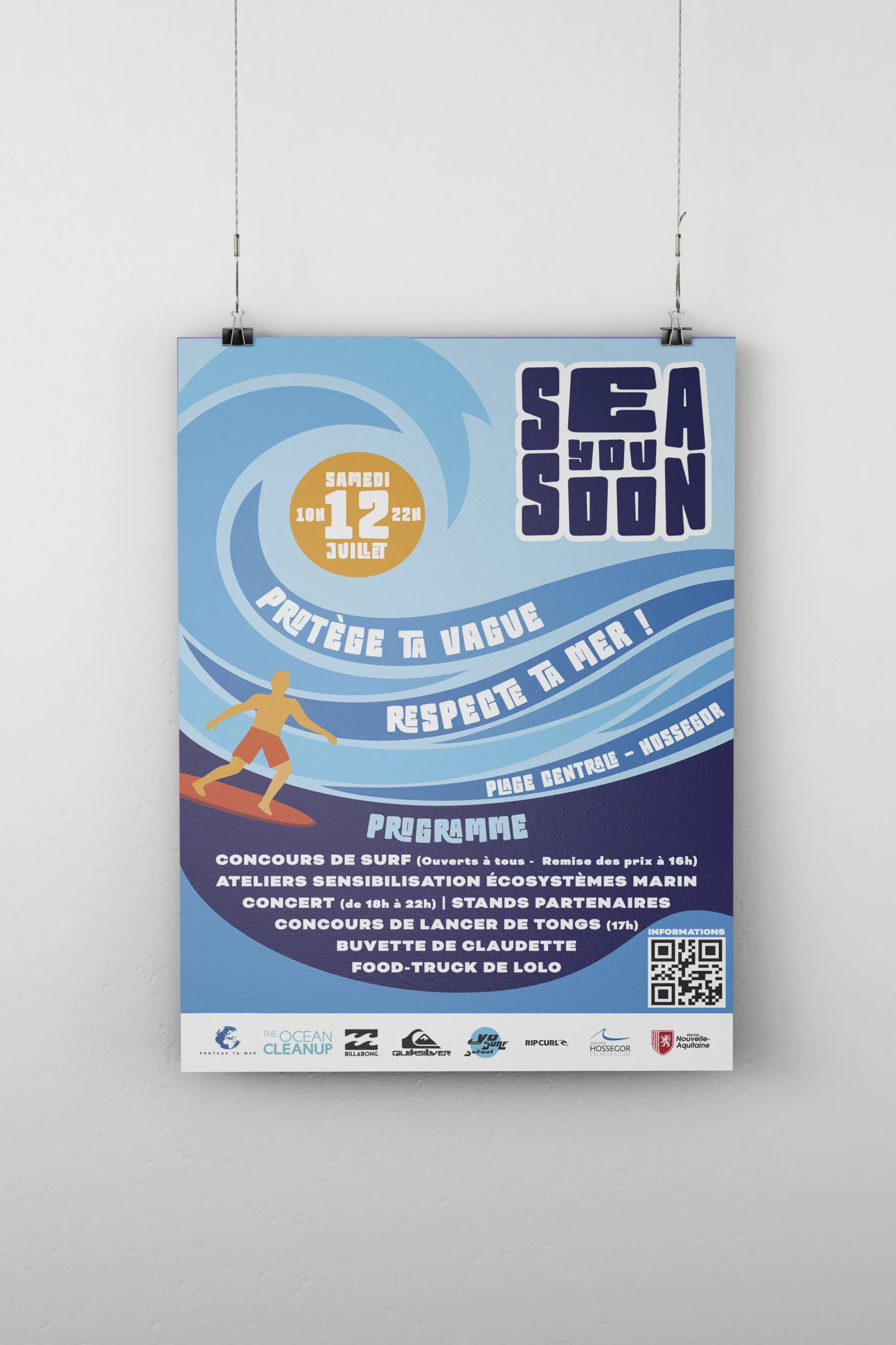 Mockup affiche événement Sea You Soon — création graphique vectorielle par Lisa Bardet, concepteur designer UI, portfolio Digital Lisa, projet fictif de communication visuelle surf et protection environnementale.