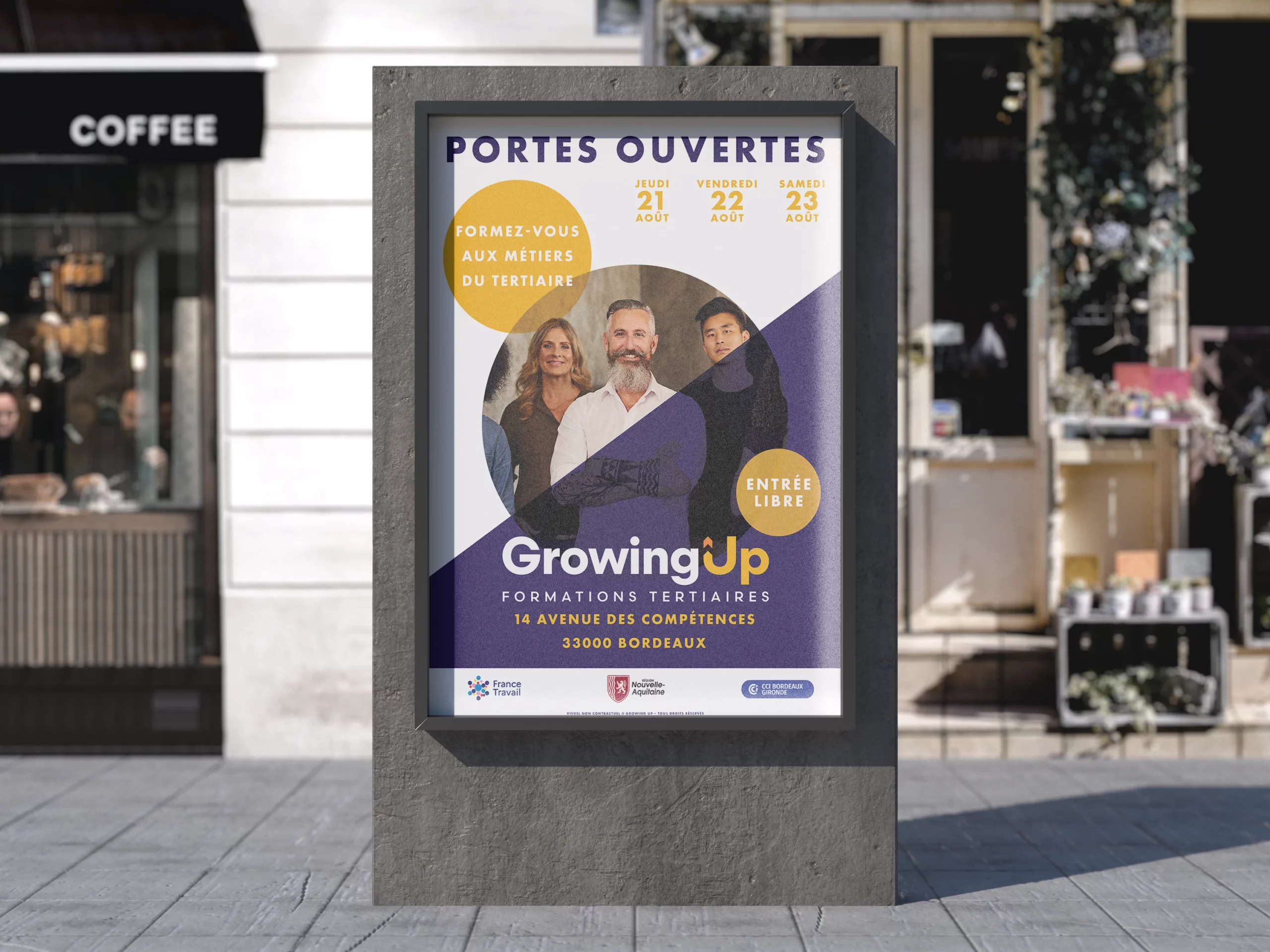 Mockup de l'affiche journées portes ouvertes GrowingUp, réalisé par Lisa Bardet, Conceptrice et Designer UI | Portfolio Digital Lisa
