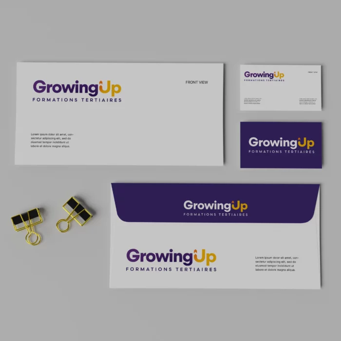 Mockup du Logo GrowingUp sur papeterie réalisé par Lisa Bardet, Conceptrice et Designer UI | Portfolio Digital Lisa
